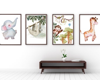 4 Jungle Animal Prints, Digital Prints, home Decor, gifts, Kids bedroom, boys bedroom, wall Art,  children pictures,  A4 & A3 Size