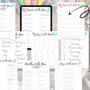 May include: A set of printable worksheets for handwriting practice. The worksheets feature different themes related to time, including seasons, months, days of the week, and counting to 50. The worksheets are designed for children learning to write.