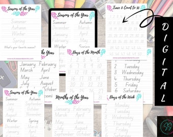 Learning to write bundle | tracing letters & numbers | A4 PDF Printable | A3 wall chart| School Ready | practice sheets | school age | dates