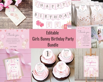 Bunny Party bundle, Girls birthday party, Printable birthday, Birthday bundle,  Editable birthday party,  9 templates, birthday templates