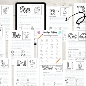 May include: A set of printable alphabet tracing worksheets for kids. Each worksheet features a letter of the alphabet, a picture of an object that starts with that letter, and lines for tracing the letter. The worksheets are designed to help children learn to write the alphabet.
