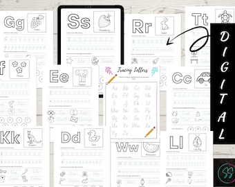 Könnte beinhalten: Ein Satz druckbarer Alphabet-Übungsb Blätter für Kinder. Jedes Übungsblatt zeigt einen Buchstaben des Alphabets, ein Bild eines Objekts, das mit diesem Buchstaben beginnt, und Linien zum Nachzeichnen des Buchstabens. Die Übungsb Blätter sollen Kindern helfen, das Alphabet zu lernen.