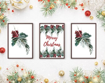 Set of 3 Christmas wall Prints, Digital Prints, home Decor, Christmas wall Art, Merry Christmas, red and green, A4 & A3 Size