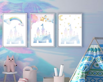 3 Girls Handmade Pastel Castle Prints | Digital Prints | home Decor | gifts | princess wall art | girls bedroom picture | A4 & A3 Size