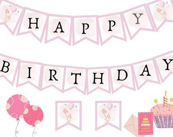 Happy Birthday Banner, Bunny Happy Birthday Banner Printable, Birthday Decor, Printable Birthday Banner