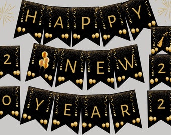 Happy New Year Banner| 2022 | New Years Theme| PRINTABLE | A4 PDF | digital | New Years eve | celebration | party banner | black & gold