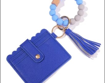 Blue silicone beaded pu leather belt Tassel bracelet keychain card holder bracelet