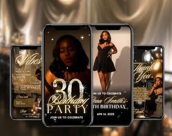 Modelo de convite para 30º aniversário | Convite digital personalizado Canva | Convite editável dourado e preto para festa de aniversário para ele ou ela | Evite