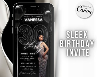 Modelo de panfleto personalizado para aniversário de 30 anos para celular, convite digital de aniversário, convite de aniversário, modelo preto Canva, convite de vídeo de aniversário