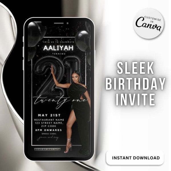 Custom Birthday Invitation Template for Phone Digital Birthday Invite 21st Birthday Invitation Black Canva Template Birthday Video Invite