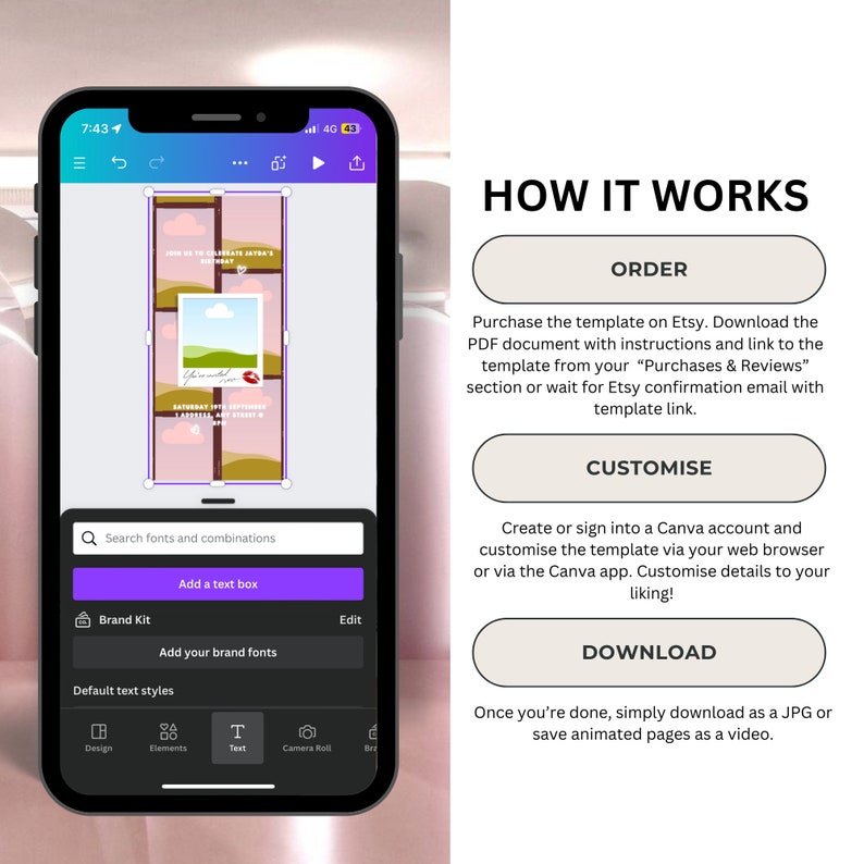 May include: A screenshot of a phone screen showing a Canva template for a social media post. The template is a collage of photos with a pink and gold border. The phone screen also shows the Canva app's editing tools, including options to add text, search for fonts, and edit brand kits.