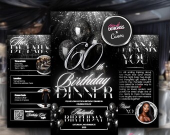 60th Birthday Dinner Birthday Invitation | Black and Silver Birthday Invitation | All Black Affair Evite