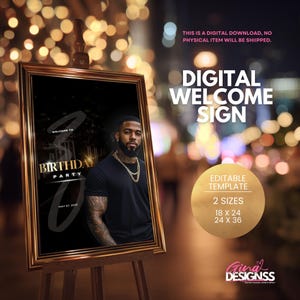 Black & Gold Birthday Welcome Sign | Digital Party Poster | Editable Canva Flyer | Club Theme Men&#39;s Birthday Party Sign Template