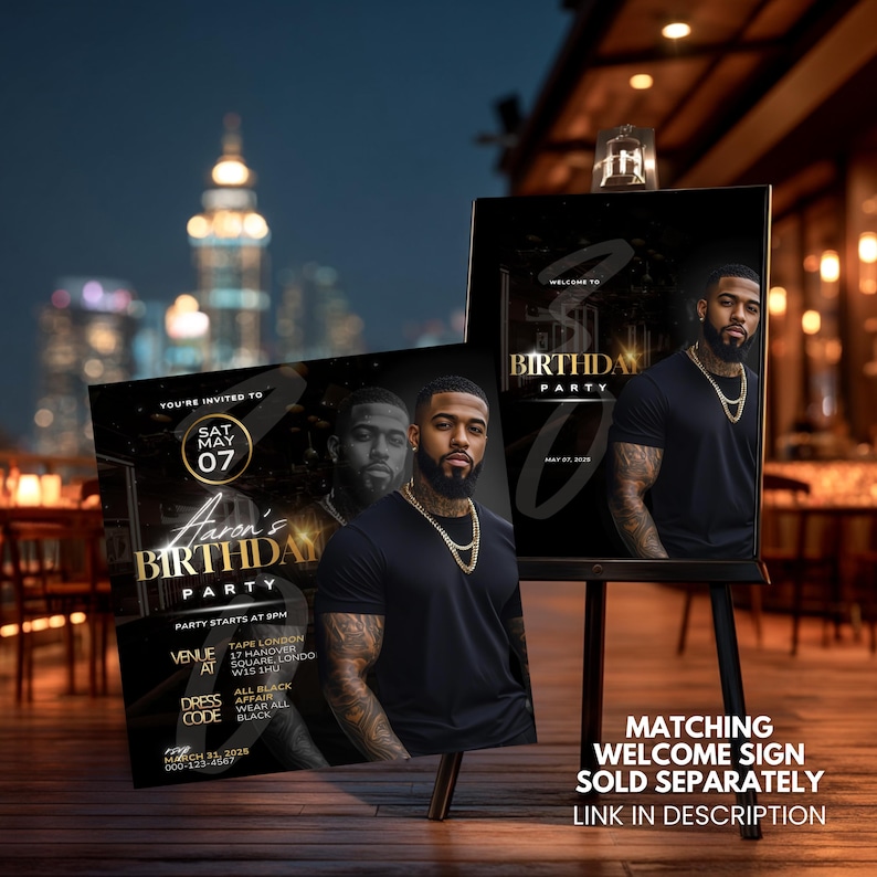 Black & Gold Birthday Invitation – Digital Party Flyer Template – Men's Video Invite – Editable Canva Birthday Invite image 4