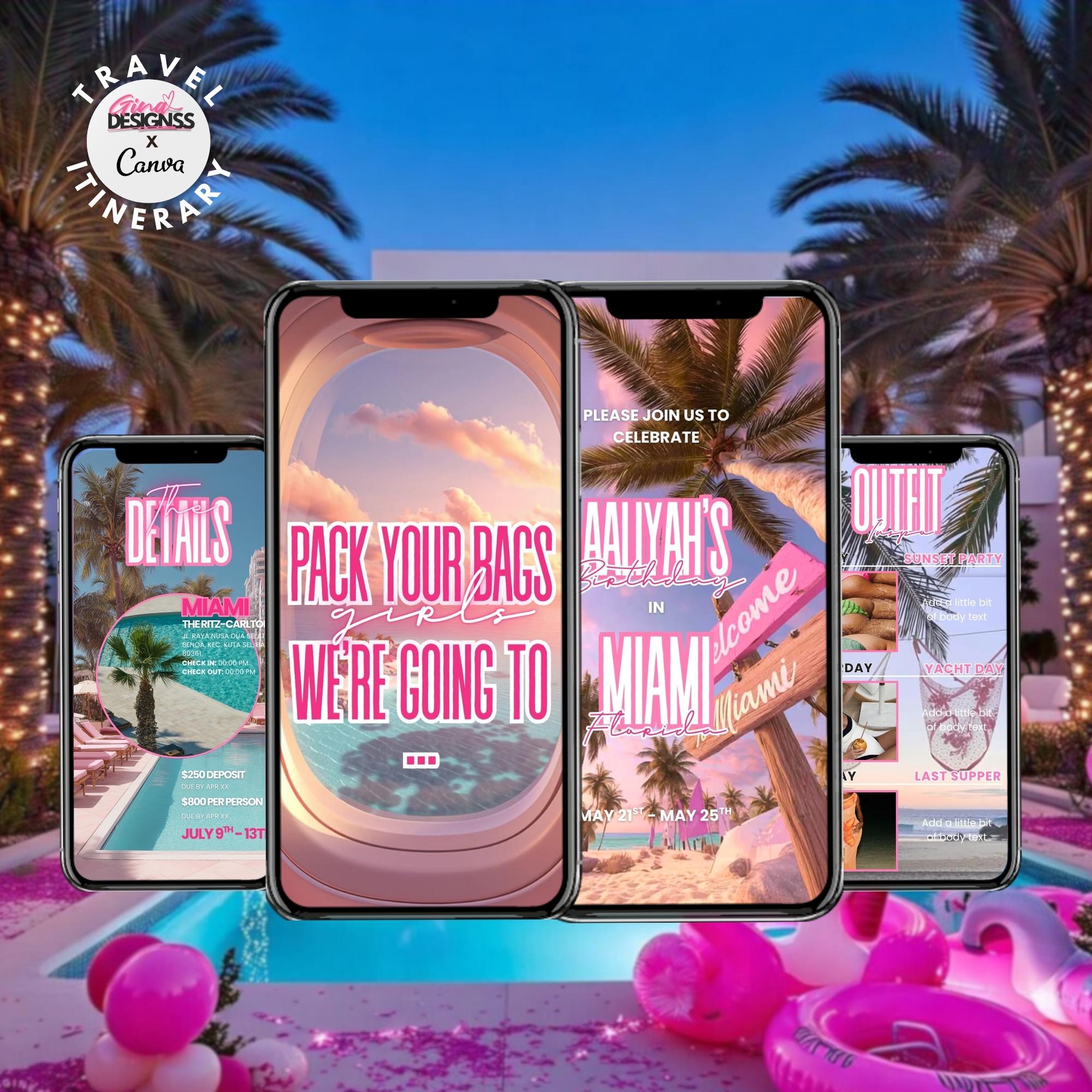 Miami Birthday Itinerary Template | Animated Travel Video Invite | Editable Girls Trip Planner in Canva | Bachelorette Vacation Schedule