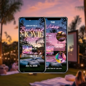May include: Two smartphones showing a Backyard Movie Night invitation for Elena's 25th birthday. The design includes a backyard movie scene with date, time, and location details. The invitation is set against a sunset backdrop.