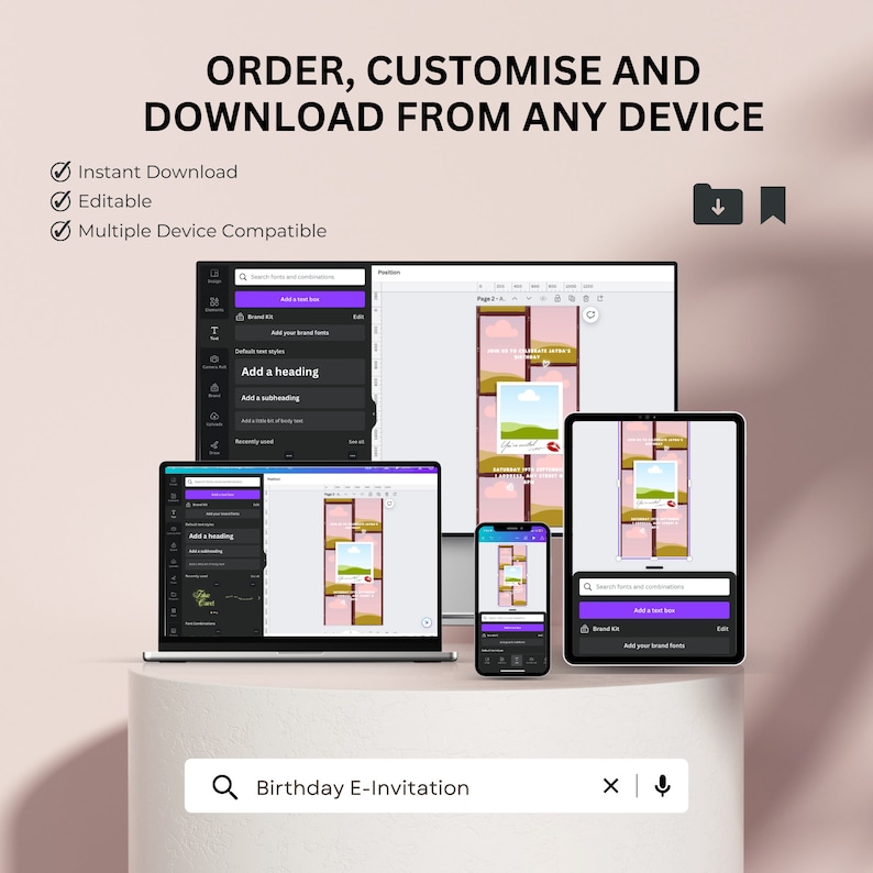 May include: A screenshot of a computer screen showing a birthday e-invitation template being edited on a design platform. The template features a collage of photos with a pink and brown color scheme. The text "Birthday E-Invitation" is visible in a search bar at the bottom of the screen.