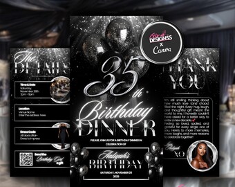 35th Birthday Dinner Birthday Invitation | Black and Silver Birthday Invitation | All Black Affair Evite
