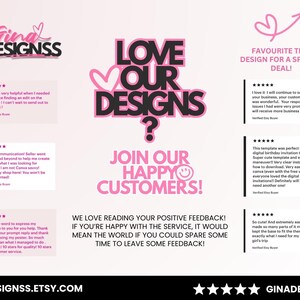 May include: A pink and white graphic design with the text "LOVE OUR DESIGNS?" and customer reviews. The design includes the shop name "Gina Designss" and encourages customers to join the happy customers.