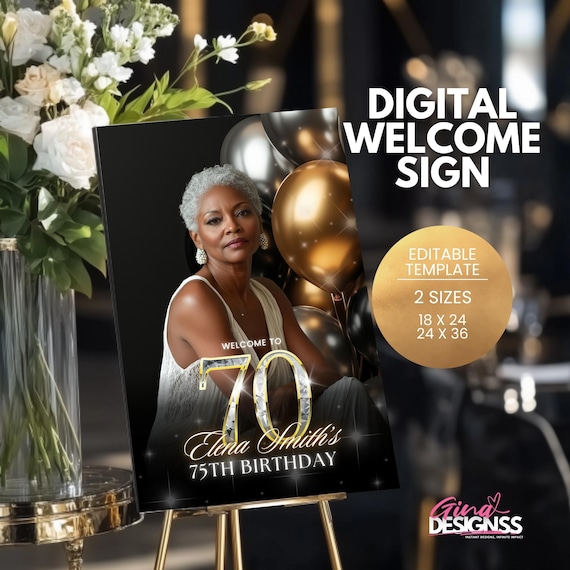 70th Birthday Welcome Sign Black & Gold | Editable Canva Template | Sophisticated Birthday Decor | Modern 70th Party Sign | Digital Download