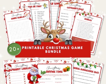 Può includere: Una raccolta di giochi di Natale stampabili, tra cui cruciverba, indovinelli e quiz. Il pacchetto presenta una grafica di renna e il testo "20+ Printable Christmas Game Bundle". I giochi sono disponibili in tre dimensioni: pagina intera e mezza.