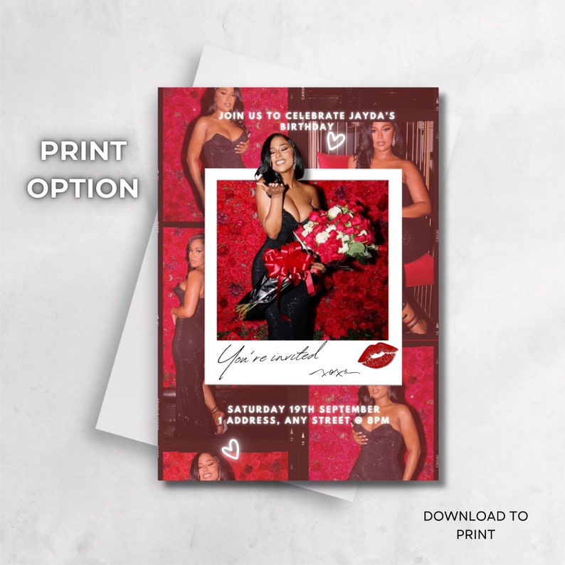 May include: A red and black birthday party invitation with a photo of a woman holding a bouquet of red roses. The text on the invitation reads "Join us to celebrate Jayda's Birthday" and "You're invited". The invitation also includes the date, time, and address of the party.
