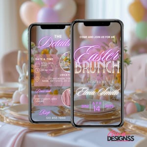 May include: A digital invitation for an Easter brunch. The invitation is pink and white with a glittery design. It says "Come and join us for an Easter Brunch" and "Hosted by Elena Smith". The date is April 14th, 2025 at 2 PM.