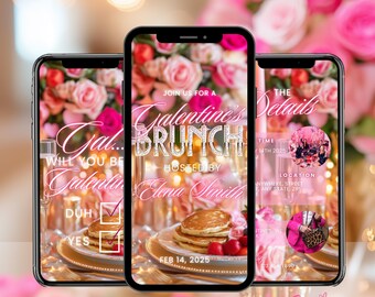 Galentine's Brunch Party Invitation Digital Pink Floral Brunch Phone Message Evite Animated Invite Video Brunch Invitation