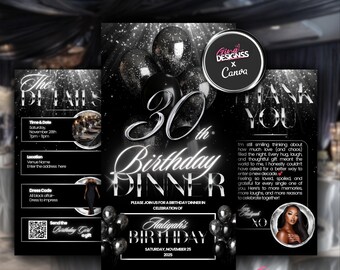 30th Birthday Dinner Birthday Invitation | Black and Silver Birthday Invitation | All Black Affair Evite