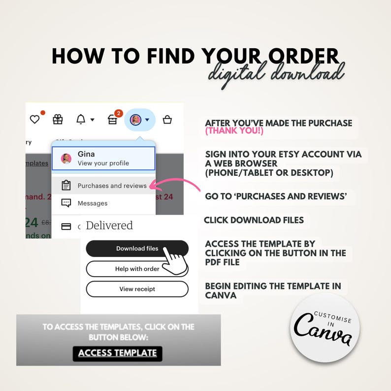 May include: A digital download guide with instructions on how to find your order on Etsy. The guide includes screenshots and text, such as "Purchases and reviews" and "Download files". The guide also includes the text "Customise in Canva".