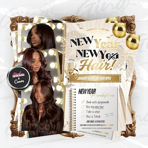 May include: A promotional graphic with the text "NEW YEAR NEWY Hair!" and images of women with long, wavy hair. The graphic includes a notebook with New Year's resolutions and a gold frame.