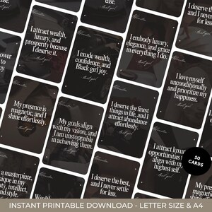 May include: A collection of black affirmation cards with white text. Each card features a different positive affirmation, such as "I attract wealth, luxury, and prosperity because I deserve it." The set includes 50 cards and is available as an instant printable download.