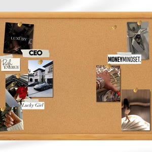 May include: A corkboard with a wooden frame displays images and text related to wealth and success. The board includes photos of luxury items, cash, and text that reads "LUXURY", "CEO", "Rich Energy", "Lucky Girl", and "MONEYMINDSET."