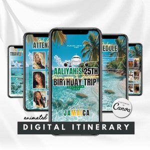 May include: A digital itinerary for a 25th birthday trip to Jamaica. The itinerary includes a travel schedule, a list of attendees, and a daily schedule. The background is a tropical beach scene with palm trees and turquoise water. The text "AALIYAH'S 25TH BIRTHDAY TRIP" is in gold lettering with a green outline. The text "Kingston JAMAICA" is in green lettering with a gold outline.