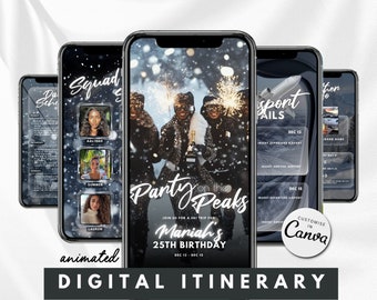 Plantilla de itinerario para invitación de vacaciones de invierno, viaje de vacaciones de Navidad, viaje de esquí, fin de semana de cumpleaños, invitación animada, viaje a una cabaña.