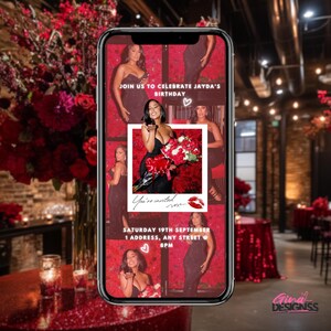 May include: A red and black digital invitation for a birthday party. The invitation features a collage of photos of a woman in a black dress. The text on the invitation reads "Join us to celebrate Jayda's Birthday" and "Saturday 19th September, 1 Address, Any Street, 8PM".