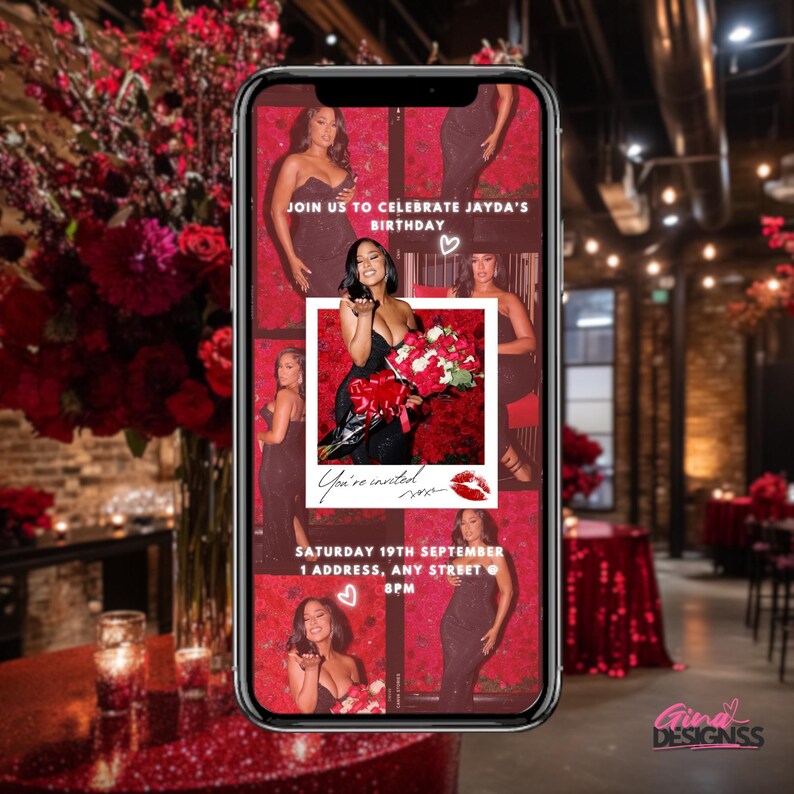 May include: A red and black digital invitation for a birthday party. The invitation features a collage of photos of a woman in a black dress. The text on the invitation reads "Join us to celebrate Jayda's Birthday" and "Saturday 19th September, 1 Address, Any Street, 8PM".