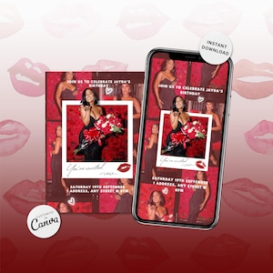May include: A digital invitation with a red and white color scheme. The invitation features a photo of a woman in a black dress holding a bouquet of red roses. The text on the invitation reads "Join us to celebrate Jayda's birthday." and "You're invited."