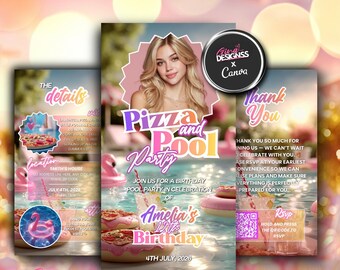 Pizza Pool Party Birthday Invitation Girl | Summer Splash Birthday Digital Invite | Summer Birthday Bash