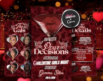 Pour Decisions Galentine’s Day Invitation Template | Girls Night Invite | Red Cheetah Print Galentines Evite | Galentines Digital Invite