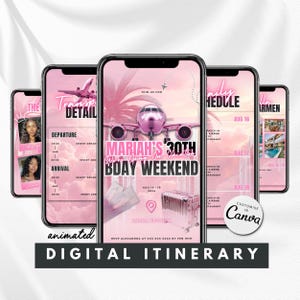 Travel template itinerary digital animated edit on canva birthday weekend vacation getaway
