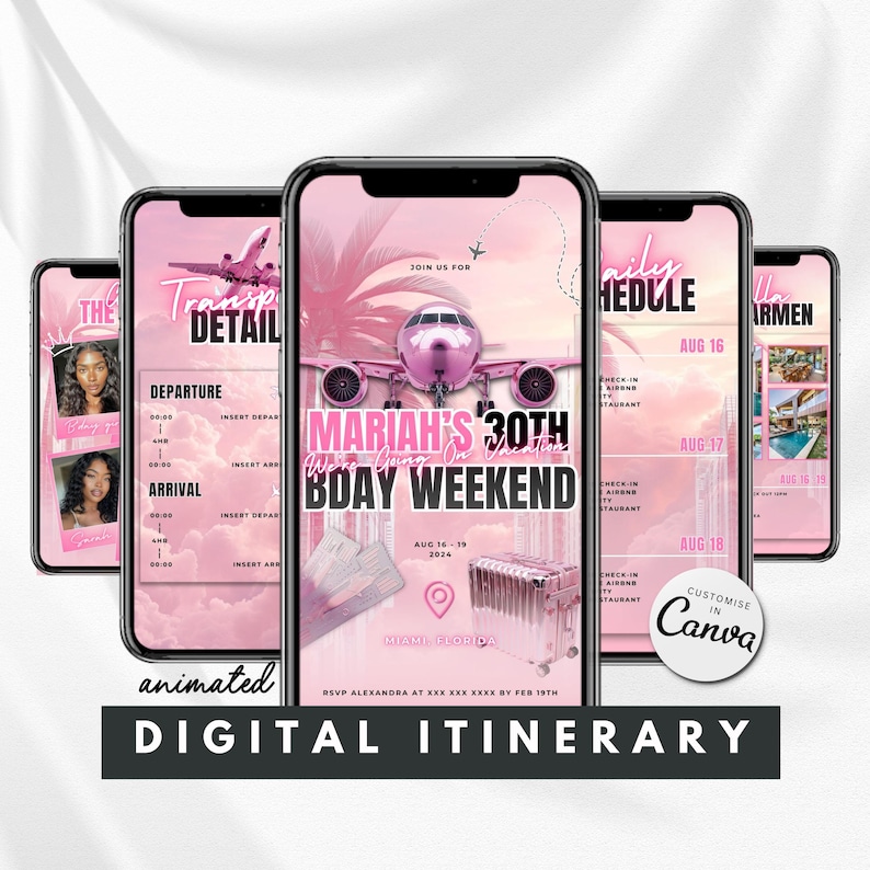 Travel template itinerary digital animated edit on canva birthday weekend vacation getaway