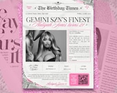Newspaper Birthday Template | Custom Digital Invitation Canva | Vintage Editable Birthday Party Invitation  | Evite | Canva Template Pink