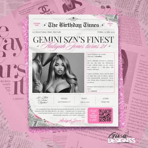 Newspaper Birthday Template | Custom Digital Invitation Canva | Vintage Editable Birthday Party Invitation  | Evite | Canva Template Pink