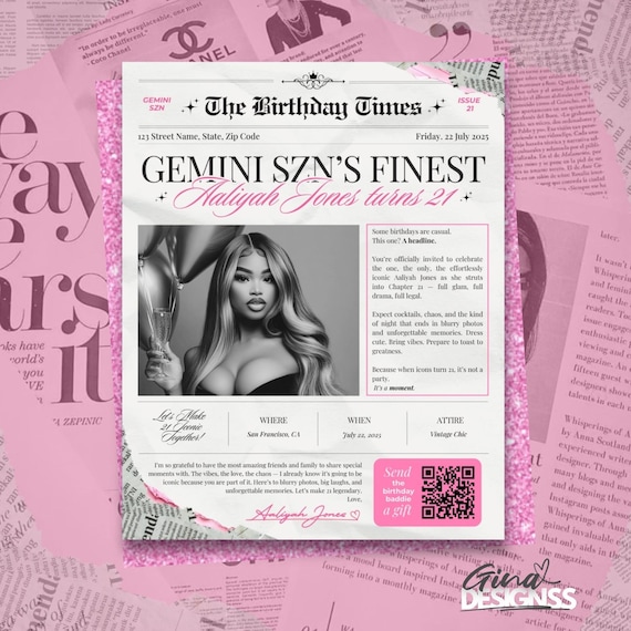 Newspaper Birthday Template | Custom Digital Invitation Canva | Vintage Editable Birthday Party Invitation  | Evite | Canva Template Pink