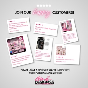 May include: A collage of five customer reviews for a digital design service. The reviews are positive and highlight the seller's responsiveness, helpfulness, and the quality of the designs. The reviews are displayed on a white background with a pink and white logo that says "Gina Designss".