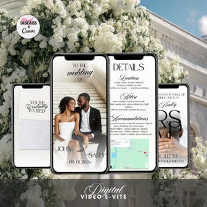 Könnte beinhalten: Eine digitale Hochzeitseinladungssuite, die auf vier Smartphone-Bildschirmen angezeigt wird. Der zentrale Bildschirm zeigt ein Paar, John und Sara, mit dem Datum 08.01.2026. Andere Bildschirme zeigen Details, RSVP-Informationen und eine Karte mit "You're Cordially Invited."