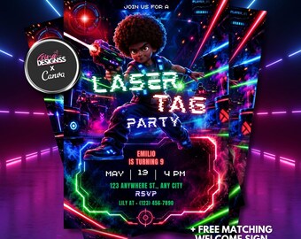 Kids Laser Tag Party Invitation Template | Neon Kids Birthday Party Invite | Editable Canva Template