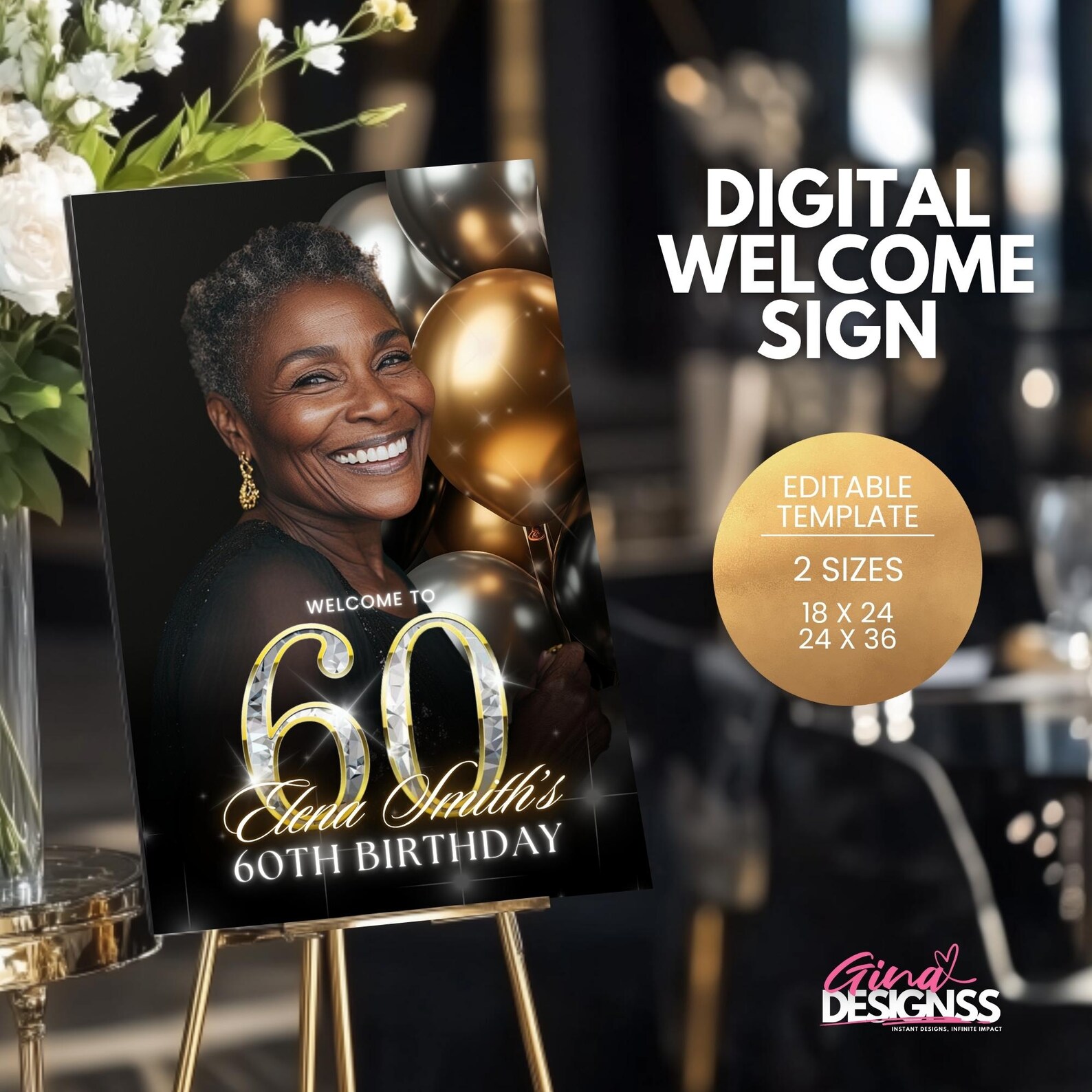 60th Birthday Welcome Sign Black & Gold | Editable Canva Template ...