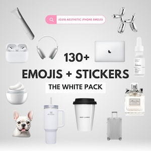 Op de afbeelding: Een verzameling witte items, waaronder een laptop, koptelefoon, een waterfles, een koffiebeker, een parfumfles, een hond, een koffer, een telefoonhoesje en een paar oordopjes. De tekst "130+ EMOJIS + STICKERS THE WHITE PACK" wordt in het midden van de afbeelding weergegeven.